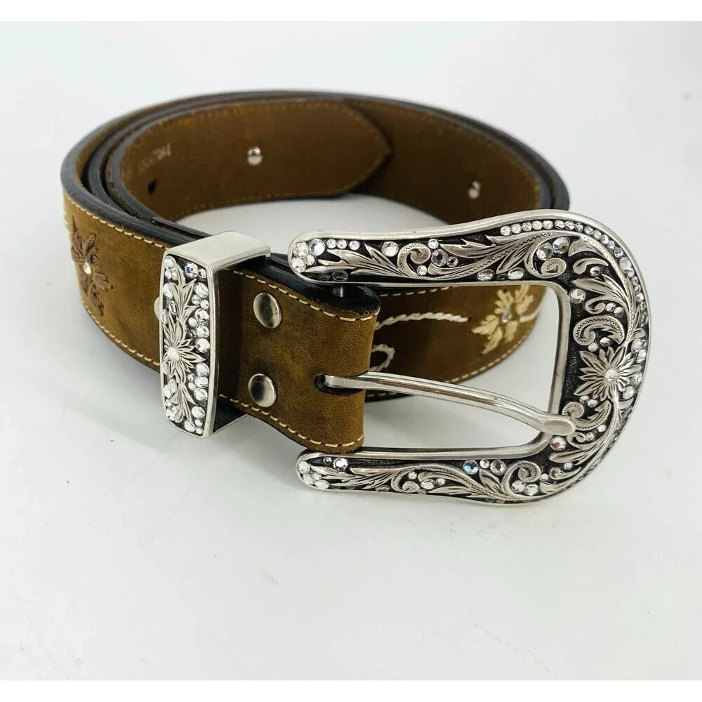 Nocona Belt Co Brown Western Embroidered Leather Belt Large Floral Silver Buckle